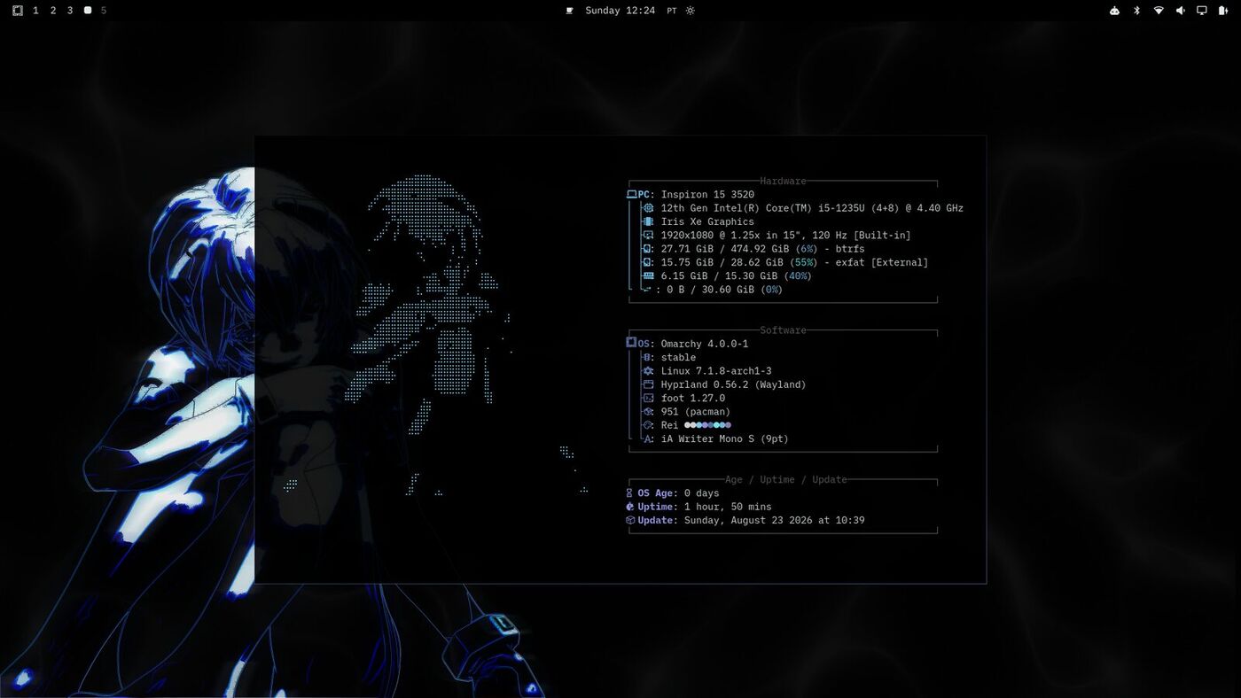 Um desktop Omarchy com o tema Rei: um papel de parede de anime em luz azul atrás de um terminal com informações do sistema em azul sobre preto.
